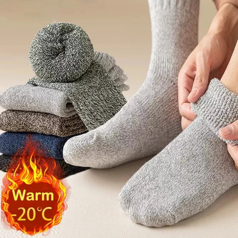5 Pairs Winter Socks Men's Wool Warm Socks Thick Towel Mid-Calf Anti-Cold Snow Boots Socks Retro Solid Color Merino Terry Socks
