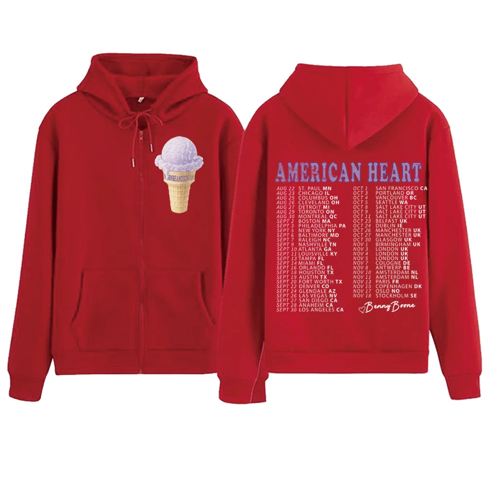 Benson Boone American Heart Tour 2025 Zipper Hoodie Man Woman Harajuku Pullover Tops Long Sleeve Streetwear Sweatshirt