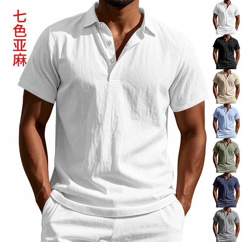 2025Summer New Men's Shirt British Style Loose Trendy Breathable Linen Casual Polo Collar Series POLO Shirt Short Sleeve