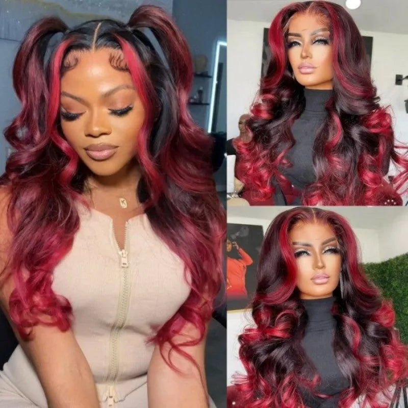 Black With Red Highlight Wig Synthetic Lace Front Wig 13X4 Pre plucked Hairline With BabyHairWomen's Wig with Density Lace Front