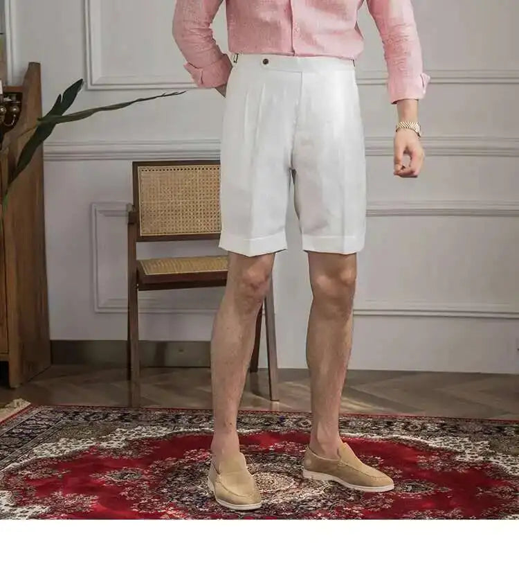 100% Linen Summer Straight Naples Shorts Men Solid Color Business Dress Pants Office Social Casual Slim Fit Shorts