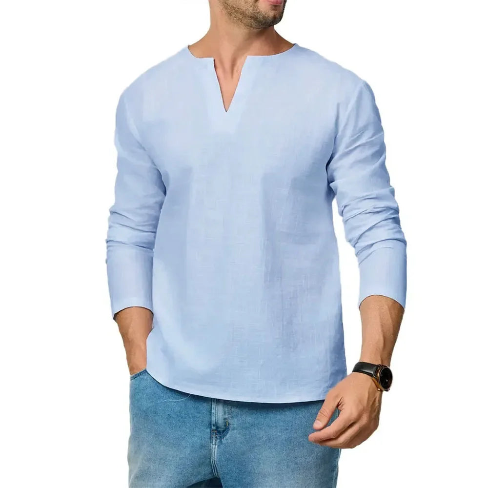 Men's Cotton Linen Long Sleeve T-Shirt Breathable V-neck Casual Slim Fit Solid Color Lightweight Male Casual Cozy Tees