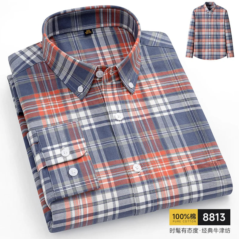 100% Pure Cotton Men Shirts Long Sleeve Dress Shirts Male Slim Social Business Blouse Solid Color Oxford Shirt 8XL 10XL 11XL