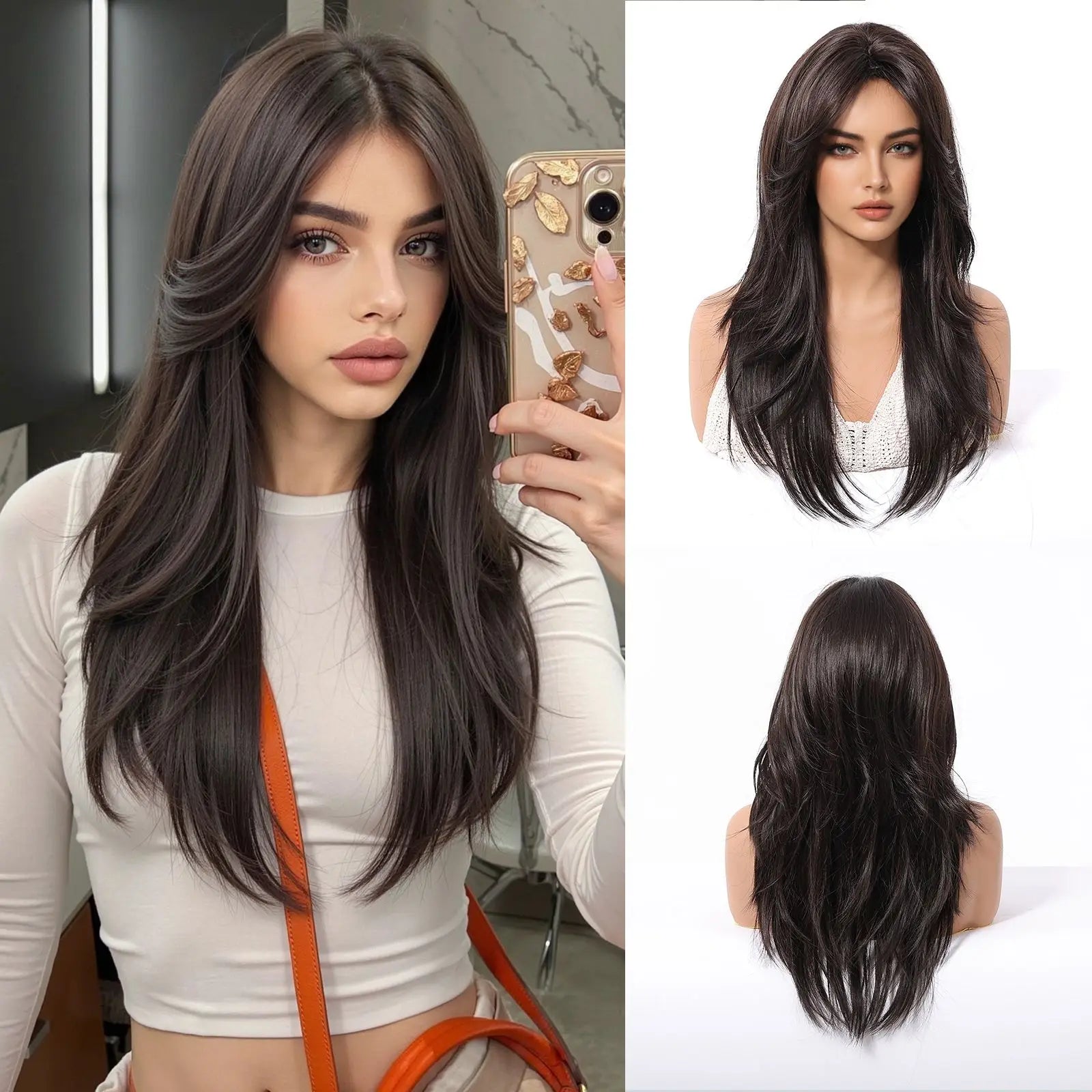 EASIHAIR Purple Synthetic Wigs for Women Long Straight Layered Hair Wigs With Side Bangs Ombre Purple Black Wigs Heat Resistant