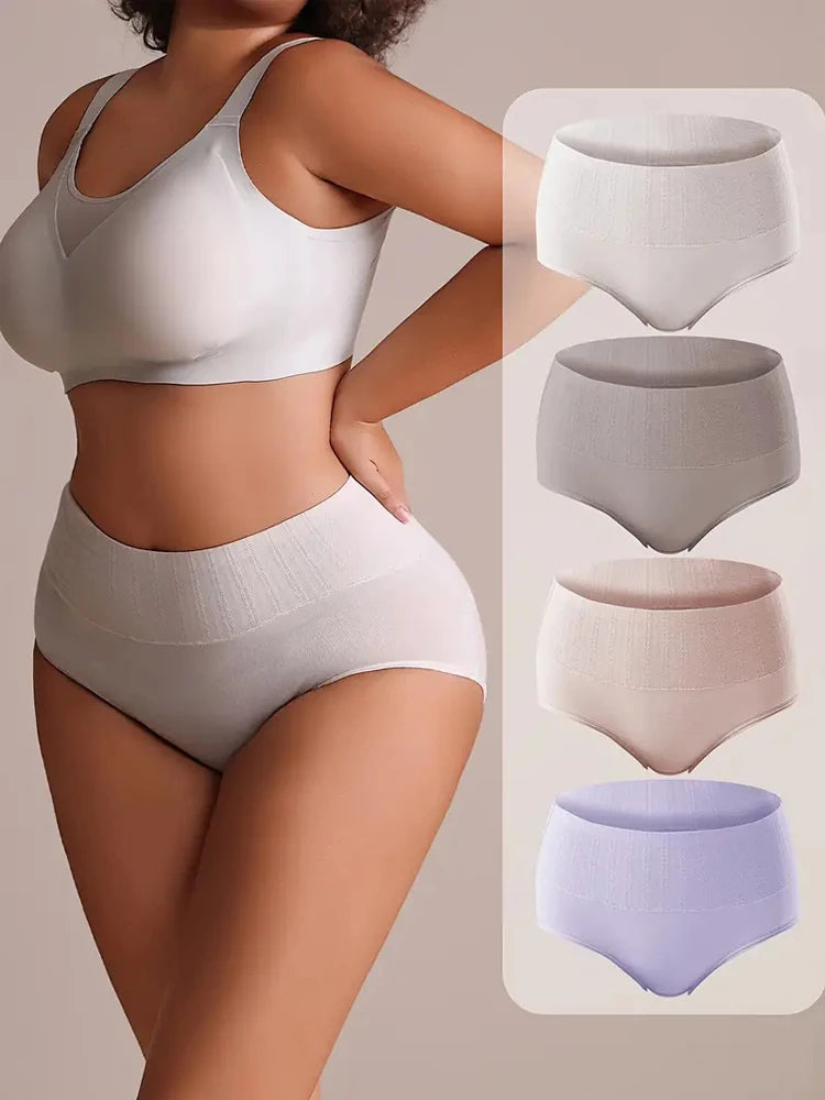 4PCS High-Waist Body Shaper Women's Panties Soft Cotton Solid Briefs Slimming Underwear Comfortable Plus Size Female Lingerie