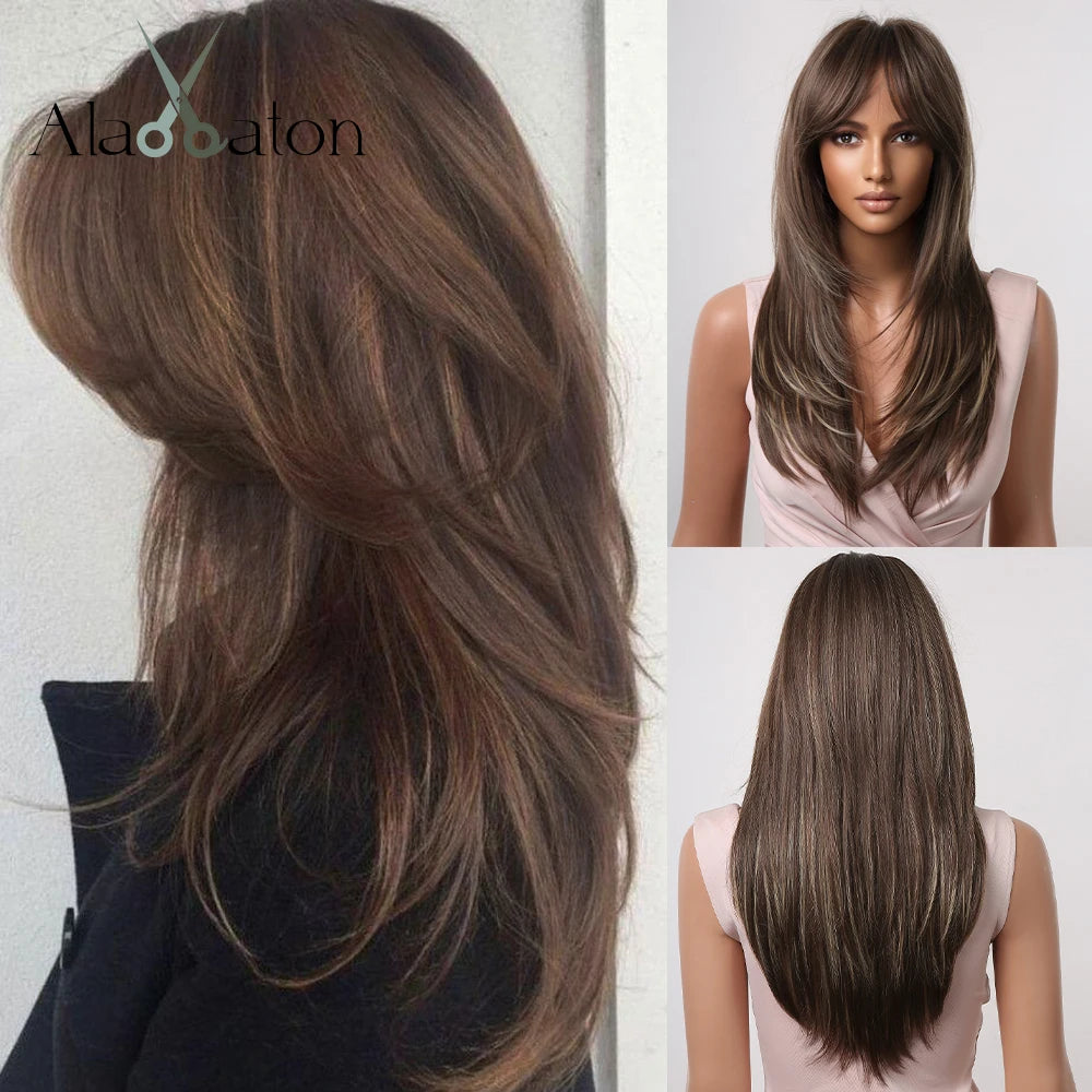 ALAN EATON Long Straight Layered Synthetic Wigs with Bangs Blonde Highlights on Brown Wigs for Black Women Afro Daily Party Hair