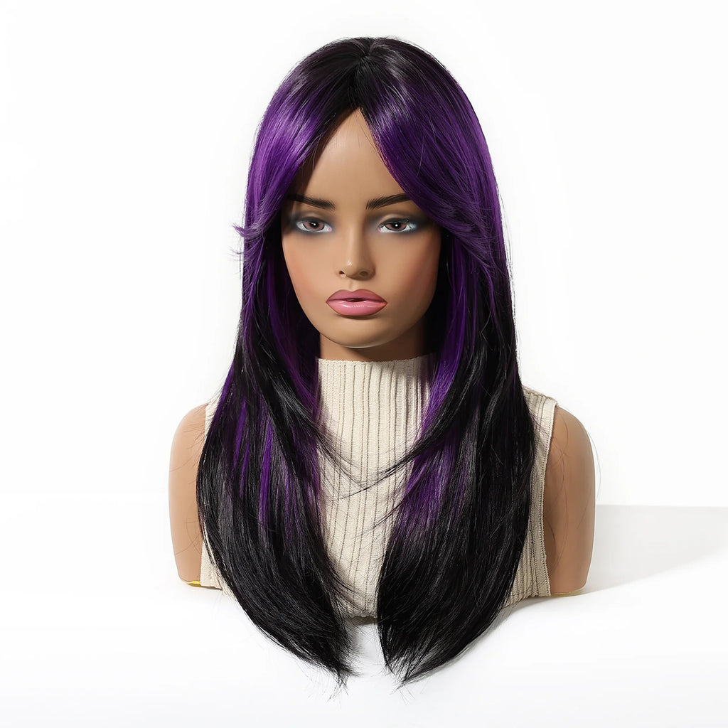 EASIHAIR Purple Synthetic Wigs for Women Long Straight Layered Hair Wigs With Side Bangs Ombre Purple Black Wigs Heat Resistant