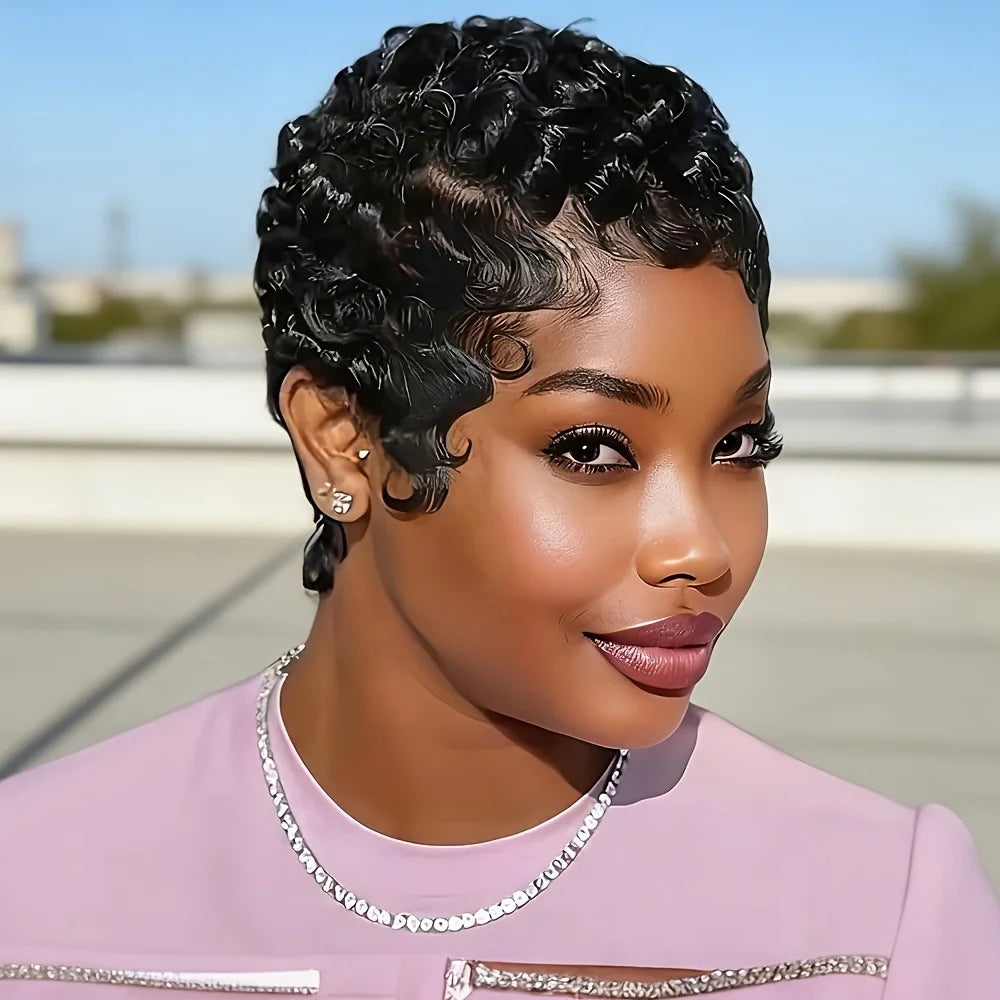 Pixie Cut Wigs for Women Short Layered Wigs Full Machine Made Side Part Wig Short Haircut Wig with Bangs Black Color 1B