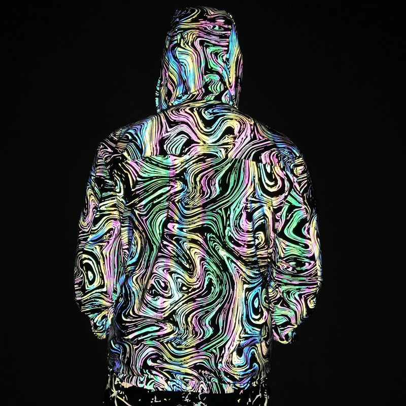 Drop shipping Holographic Reflective Jackets Men Techwear Night Walk Dance Hip Hop Breathable Hooded Coat Jaqueta Masculina