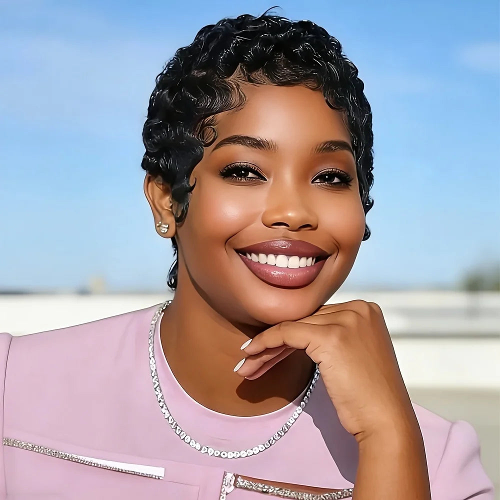 Pixie Cut Wigs for Women Short Layered Wigs Full Machine Made Side Part Wig Short Haircut Wig with Bangs Black Color 1B