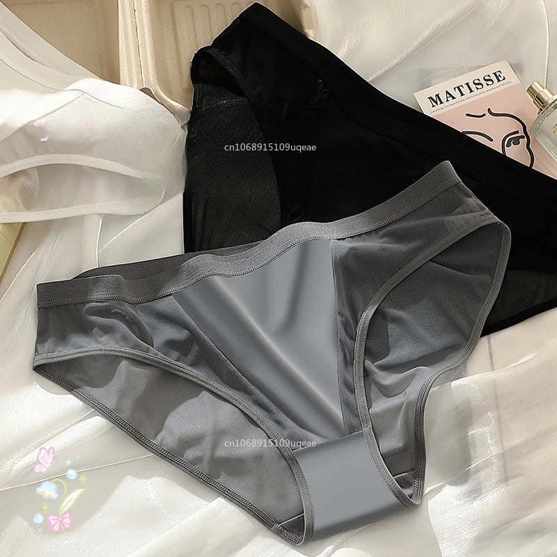 Women Sexy Mesh Ice Silk Solid Thin Breathable Underwear Middle Waist Elasticity Plus Big Panties Elasticity Plus Big Panties