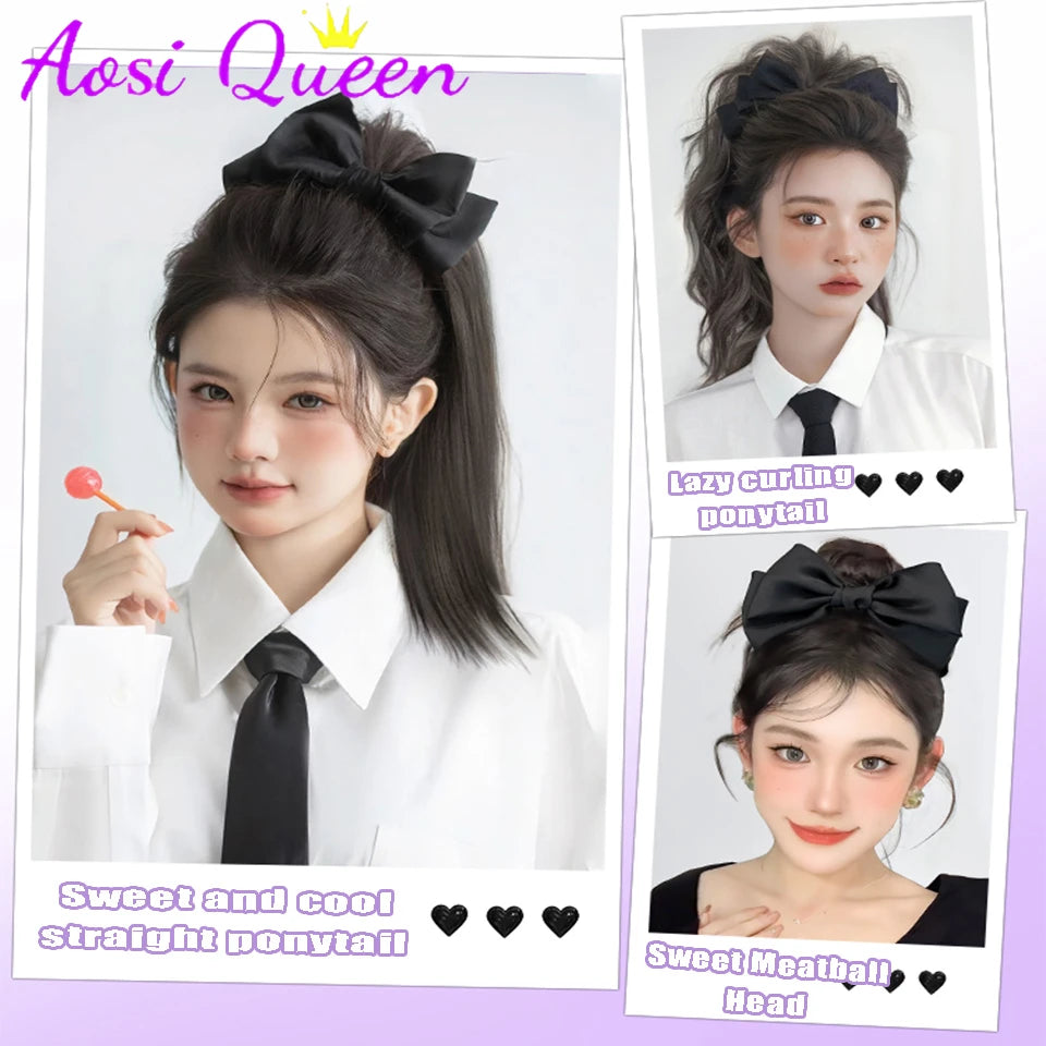 AOSI Synthetic Bow Wig Ponytail Female Clamping Style Long Straight Hair High Ponytail Long Hair Braided Straight Ponytail