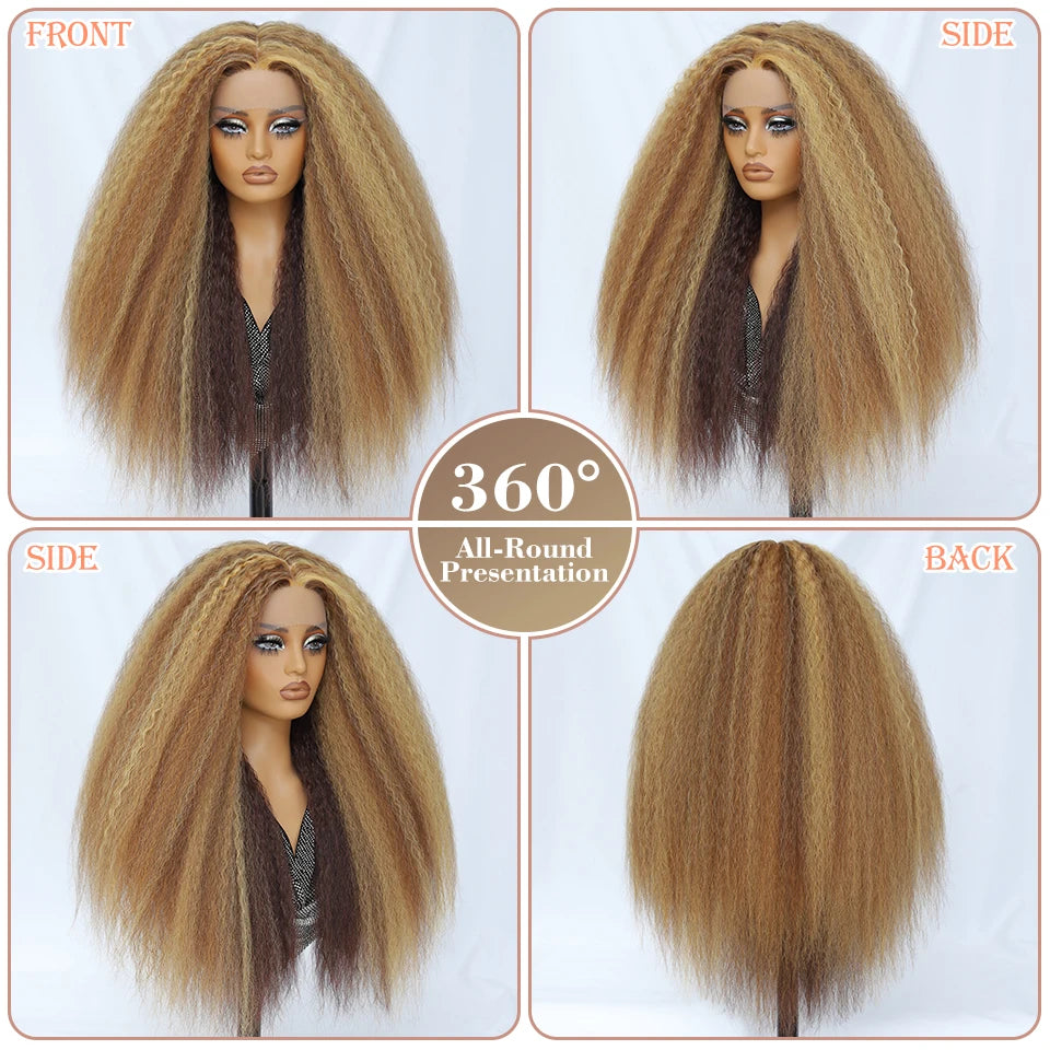 Kinky Straight Lace Front Wig T-Part 28Inch Synthetic 13x5x1 Long Lace Wigs Afro Yaki Straight Wigs Ombre Brown For Black Women