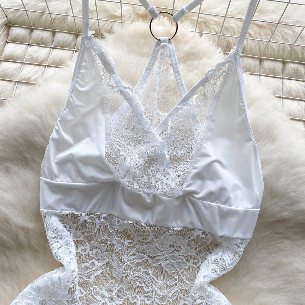 SINGREINY Summer France Sensual Night Dress Erotic Hollow Out Camis Lingerie Nightwear Women Split Slim Sheer Lace Pajamas Dress