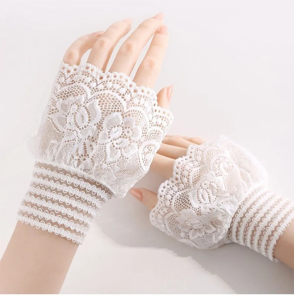 1 Pair Versatile Elegant Fake Cuffs Embroidery Pattern Detachable Lace Sleeves Solid Color Thin False Cuffs For Women