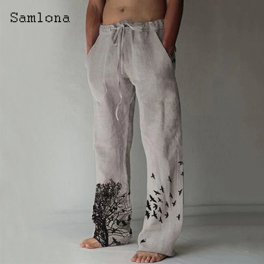 Samlona 2025 Men's Pocket Design Linen Pants Drawstring Loose Trouser Plus Size 3xl Mens Fashion Birds Feather Print Sweatpants