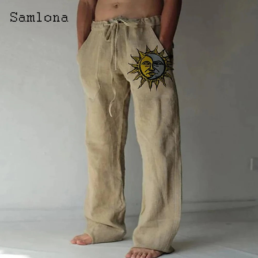 Samlona 2025 Men's Pocket Design Linen Pants Drawstring Loose Trouser Plus Size 3xl Mens Fashion Birds Feather Print Sweatpants