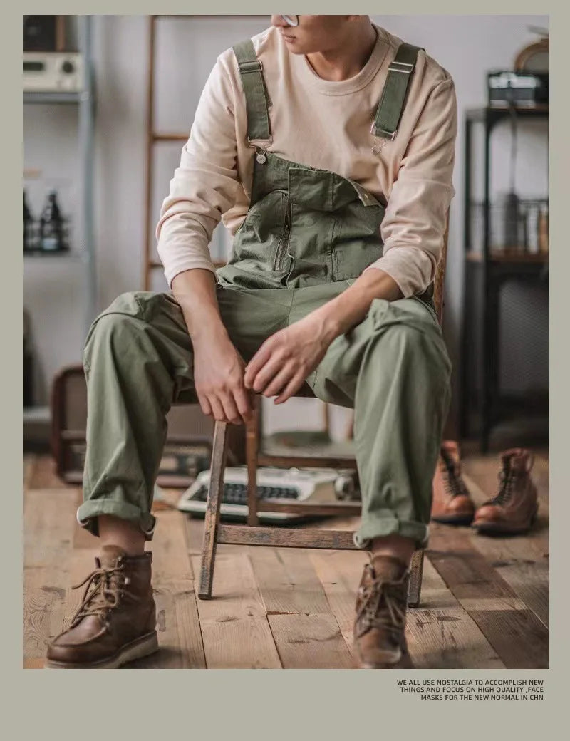 Retro American Cotton Overalls Loose Jumpsuit Men's Cargo Pants Men Suspenders Bibs Four Seasons Full Length Baggy Pants