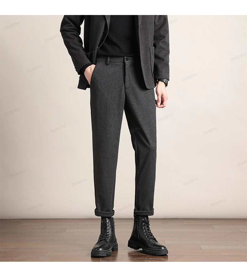 Brand Clothing Autumn Winter Luxury Suit Pants Men Thick Business Elastic Waist Woolen Ankle Pant Korean Formal Long Trousers