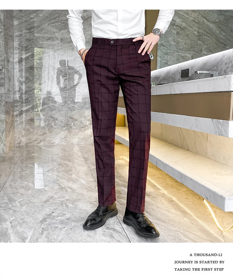 2025 New Burgundy Navy Plaid Casual Suit Pants for Men, Beige/Blue Vertical Stripe Non-Iron Slim Small Leg Work Trousers Men