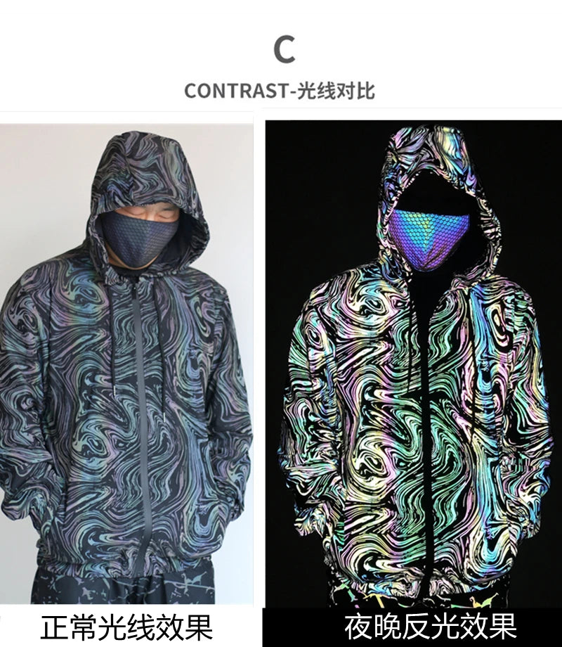 Drop shipping Holographic Reflective Jackets Men Techwear Night Walk Dance Hip Hop Breathable Hooded Coat Jaqueta Masculina