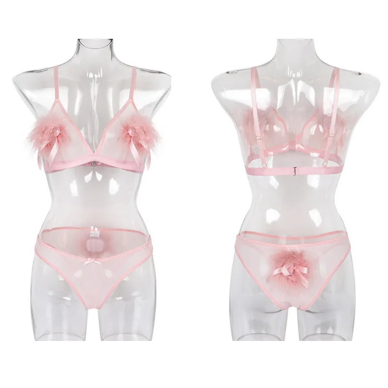 Feathers Transparent Bra Lingerie Set Sexy Underwear Women Body Chain Lace Exotic Set Luxury Intimate See Through Bra and Panty