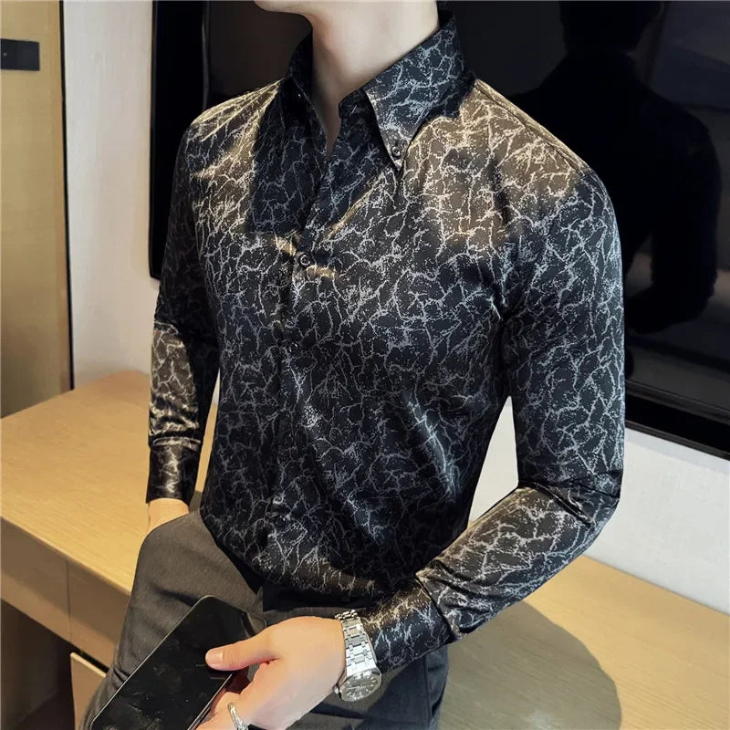 Men Dress Shirt 2024 Solid Casual Long Sleeve Slim Fit Print Shirt Fashion Formal Social Banquet Tuxedo Wedding Men Clothing