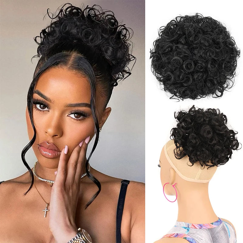 Brown Curly Hair Bun Curly Wave Drawstring Ponytail Buns Extensions for Women Heat Resistant Synthetic Updo Chignon False Hair