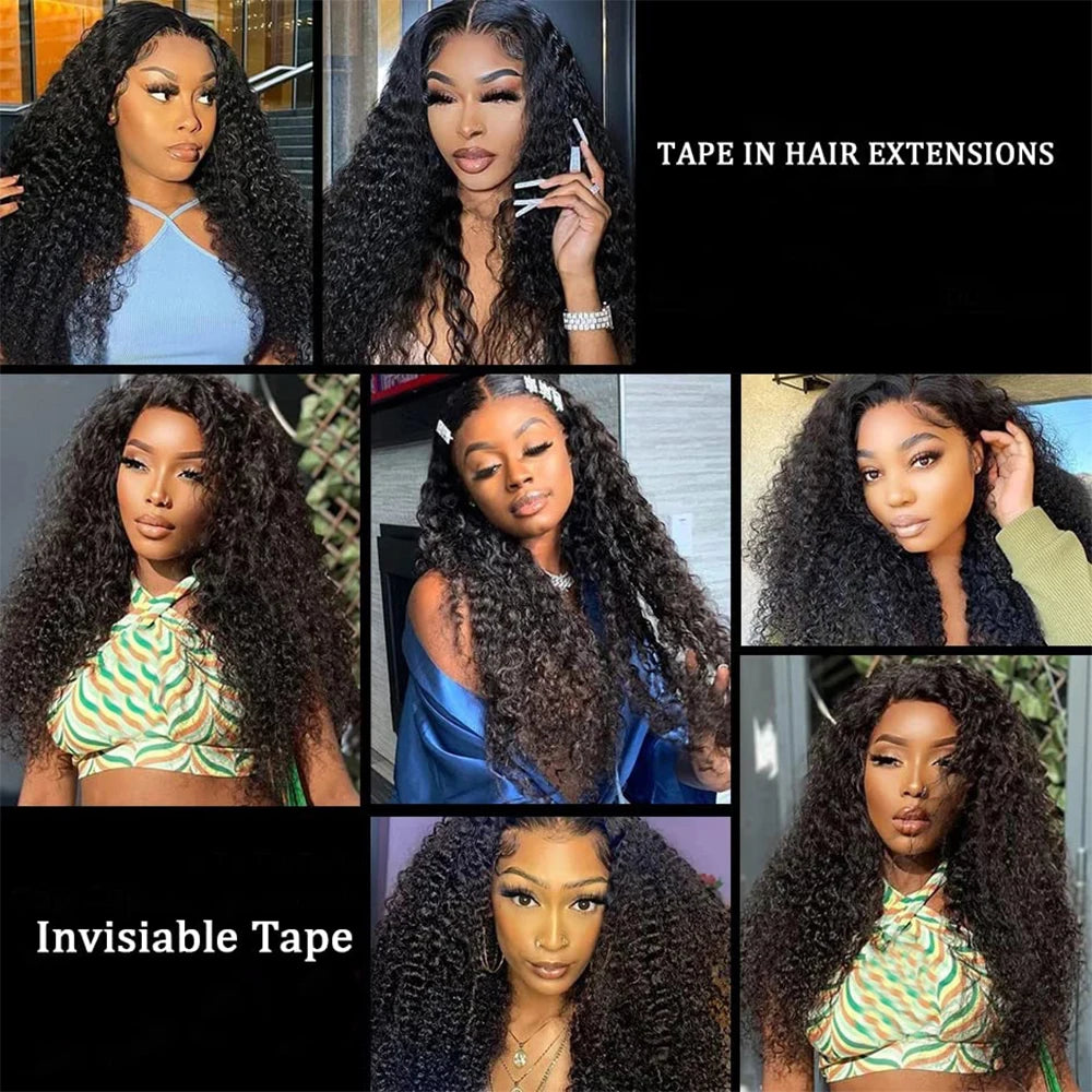 Curly Tape in Hair Extensions Deep Wave Tape in Hair Extensions 100% Human Hair Full Head Skin Adhesive Natural Black 24 26 Inch