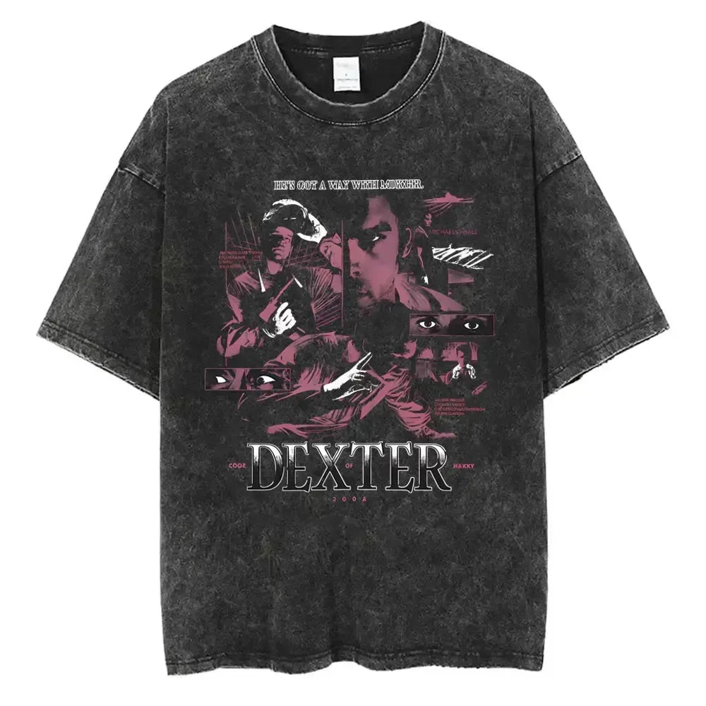 Classic TV Play Dexter Morgan Still Print T-shirt Vintage Washed Cotton Men Women Oversized Summer New Tee Casual Oversized Tops