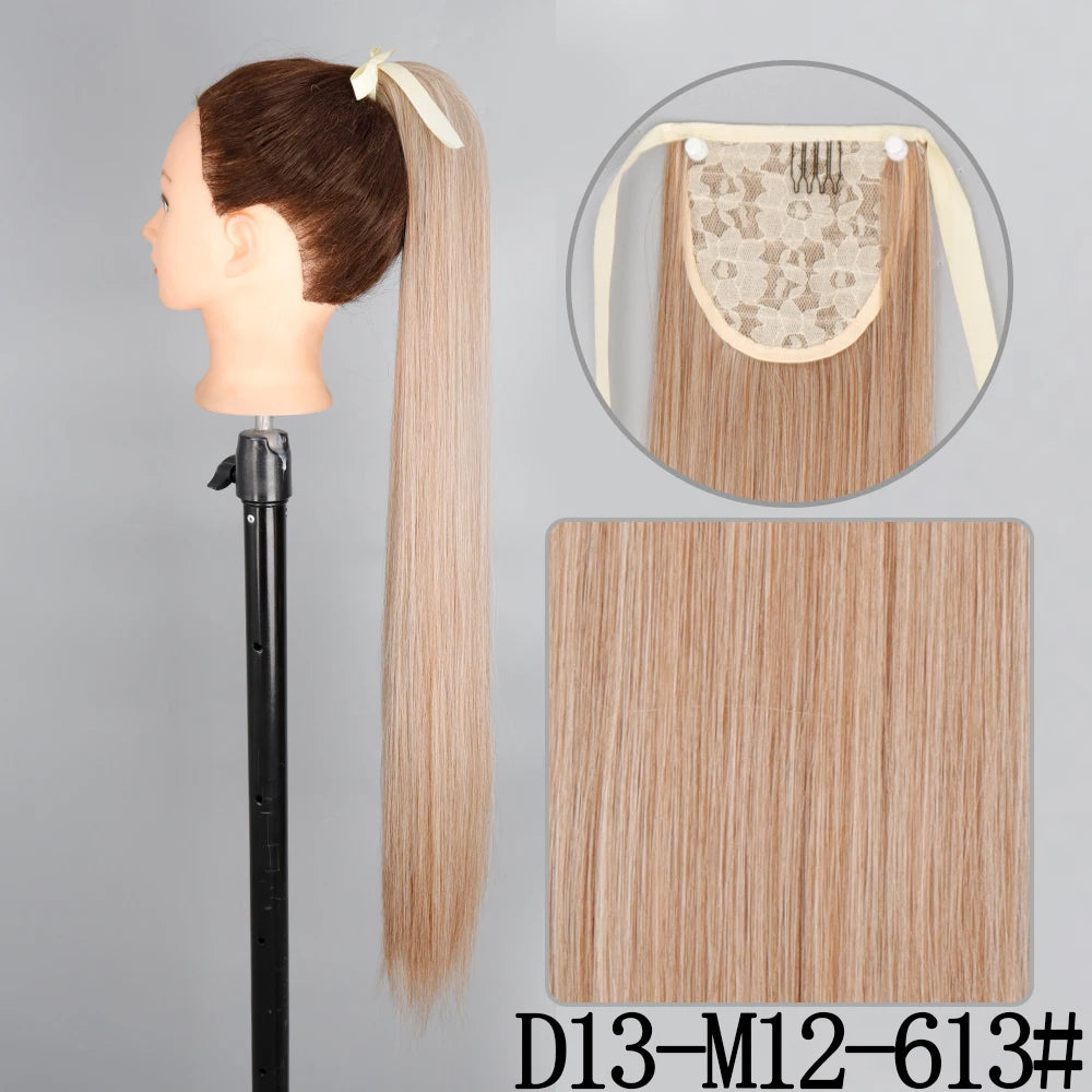 LISI GIRL Synthetic 34" 22" Long Straight Ribbon Fake Ponytails Clip on Hair Tail Extensions Black Hair Pieces With Hairpins