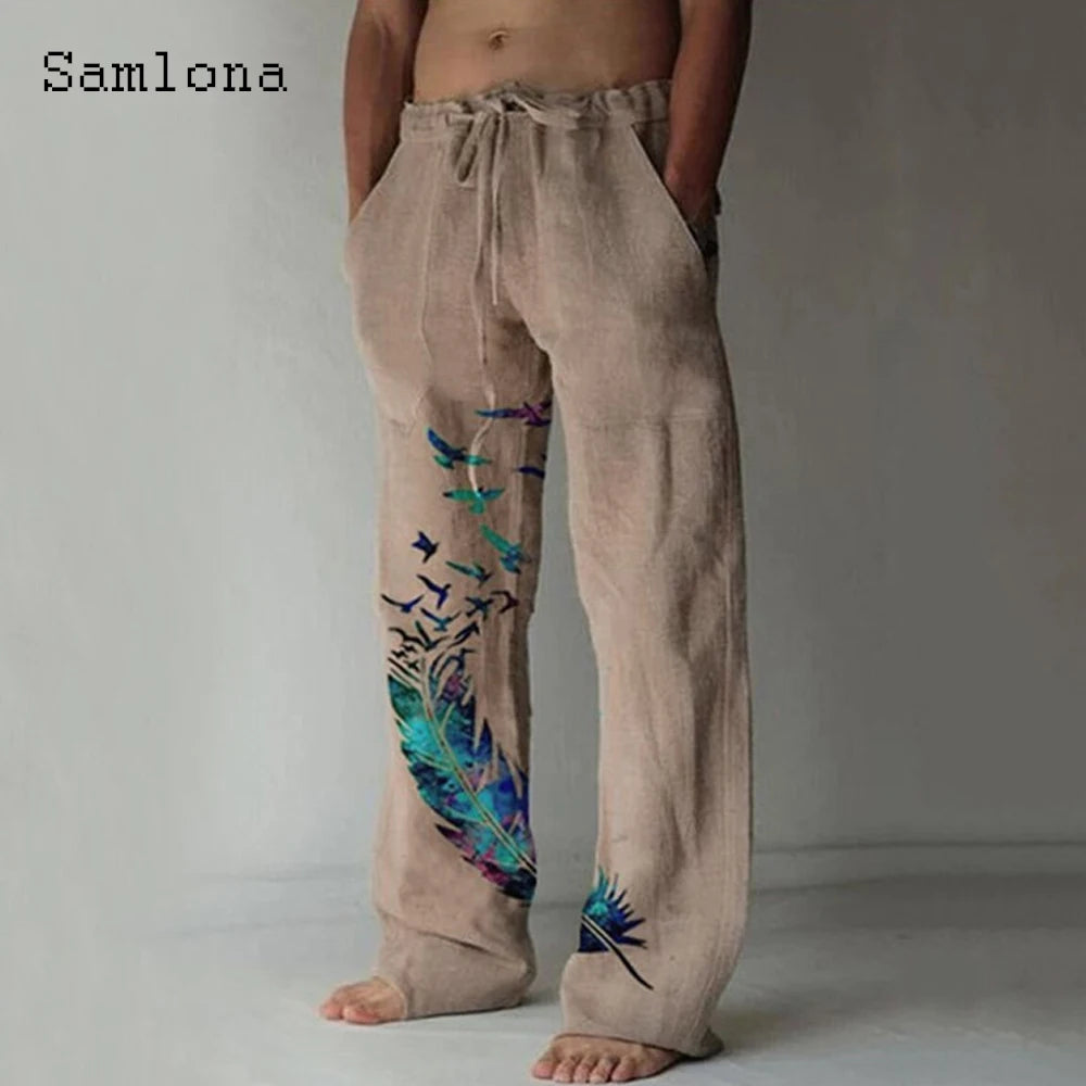 Samlona 2025 Men's Pocket Design Linen Pants Drawstring Loose Trouser Plus Size 3xl Mens Fashion Birds Feather Print Sweatpants