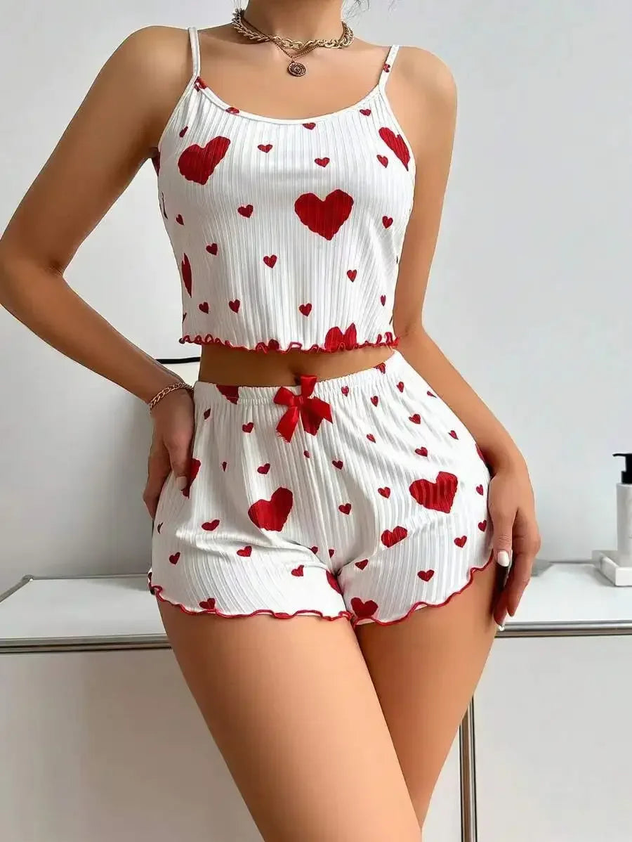 Summer New Sleepwear Women's Pajamas Set 2 PCS Soft Casual Love Printing Tank Tops and Shorts Lingerie Set Pyjamas