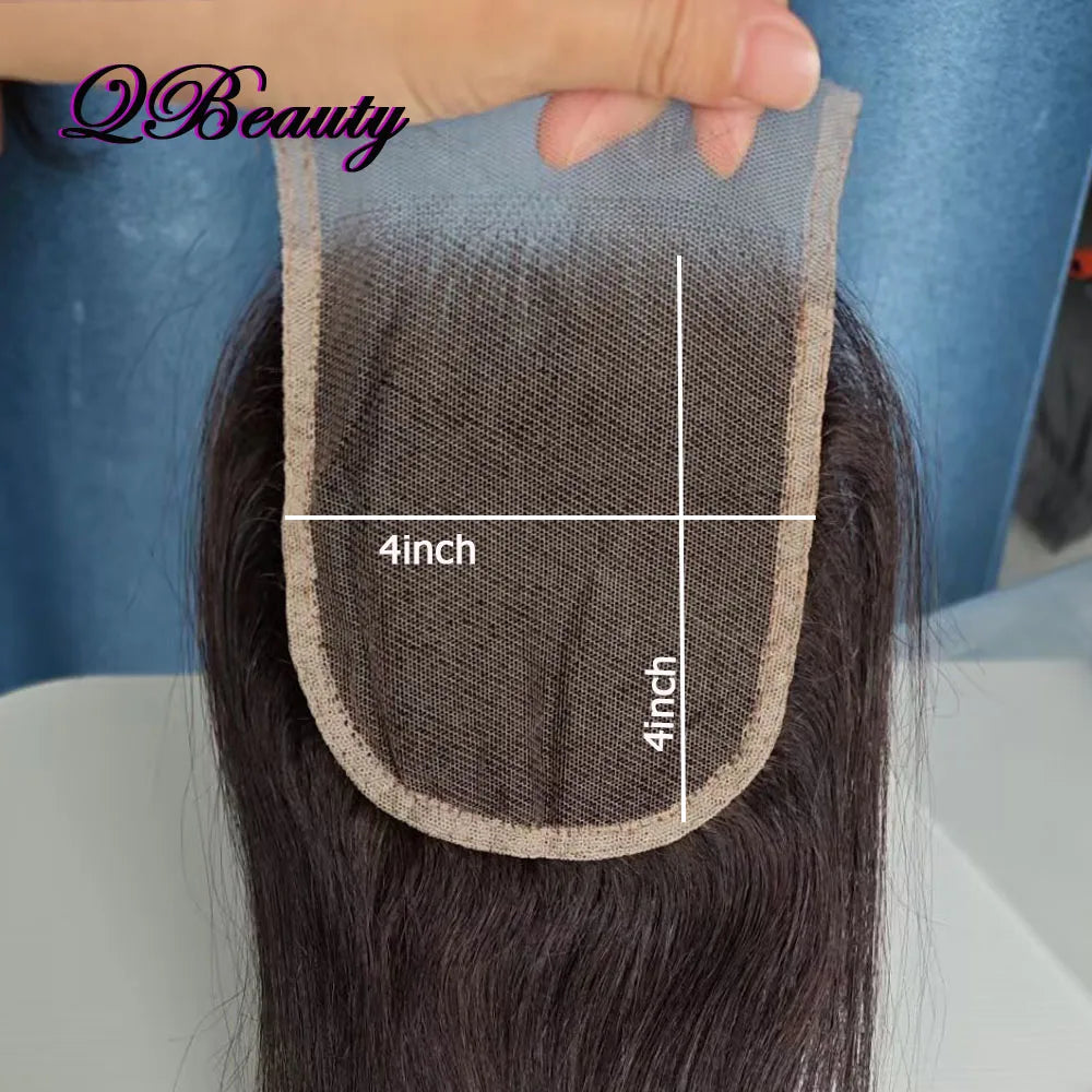 4x4 Lace Closure 100% Human Hair Pre-plucked Transparent Lace Free Part 22 inch Color 1B Black Straight Soft Indian Hair QBeauty