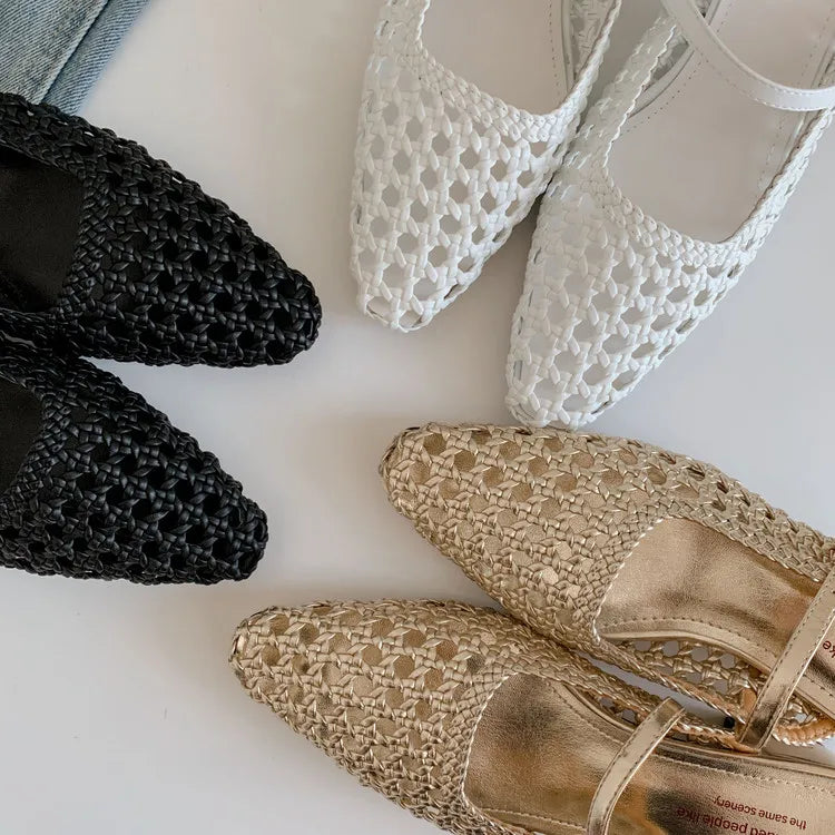 NEW Summer Women Mules Fabric Shoes for Women Pointed Toe Chunky Heel Shoes Cover Toe Slingback Shoes Soft Hollow Modern Sandals