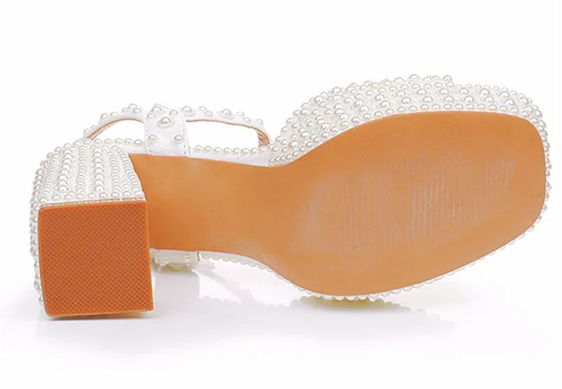Luxury Handmade Full Pearls Thick Heeled Women Gladiator Sandals Fashion Summer Platform Wedges High heels Chunky Sandals Shoes