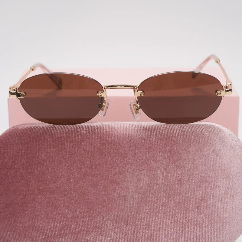New frameless oval women's small glasses sunglasses brand designer fashionable luxury girls travel driving party sunglasses