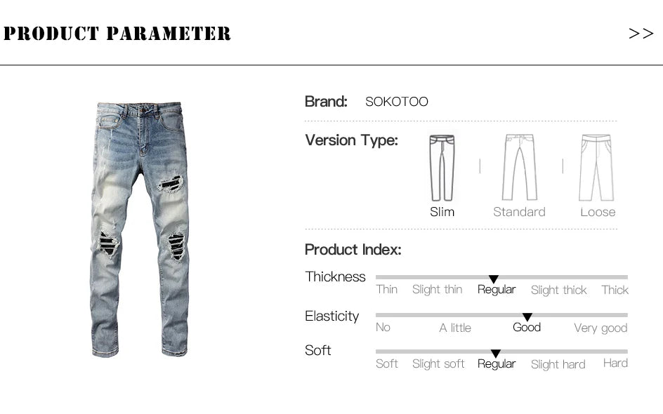 Men Leather Patches Denim Jeans Streetwear Holes Ripped High Stretch Pants Light Blue Skinny Tapered Trousers