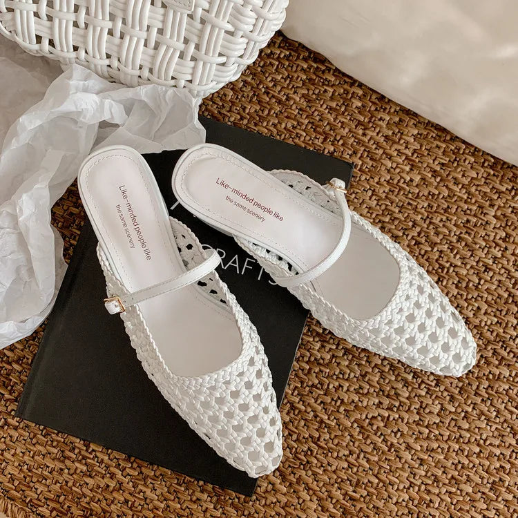 NEW Summer Women Mules Fabric Shoes for Women Pointed Toe Chunky Heel Shoes Cover Toe Slingback Shoes Soft Hollow Modern Sandals