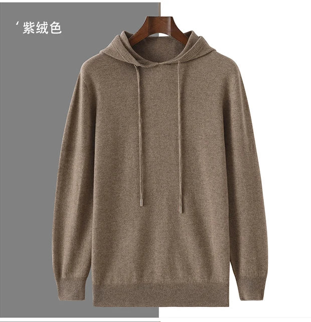 Men's Autumn Winter 100% Merino Wool Sweater Hooded Collar Knitted Pullover Cashmere Sweatshirt Casual Large Tops Long Sleeved