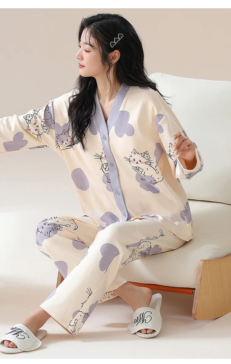 Y2k Women's 100% POLYESTER Pajamas with Cartoon Print Korean Fresh Ins Style Harajuku Lounges 2pcs 2024 New Spring/fall Homewear