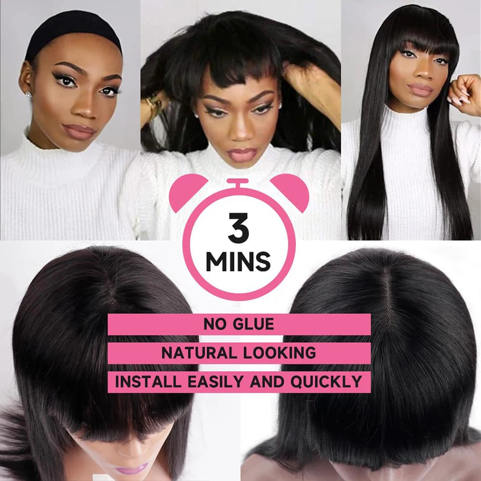 3X1 Middle Part Lace Wig Bone Straight Human Hair Wig With Bangs Brazilian 30 34 Inch Full Machine Made Straight Wig For Women