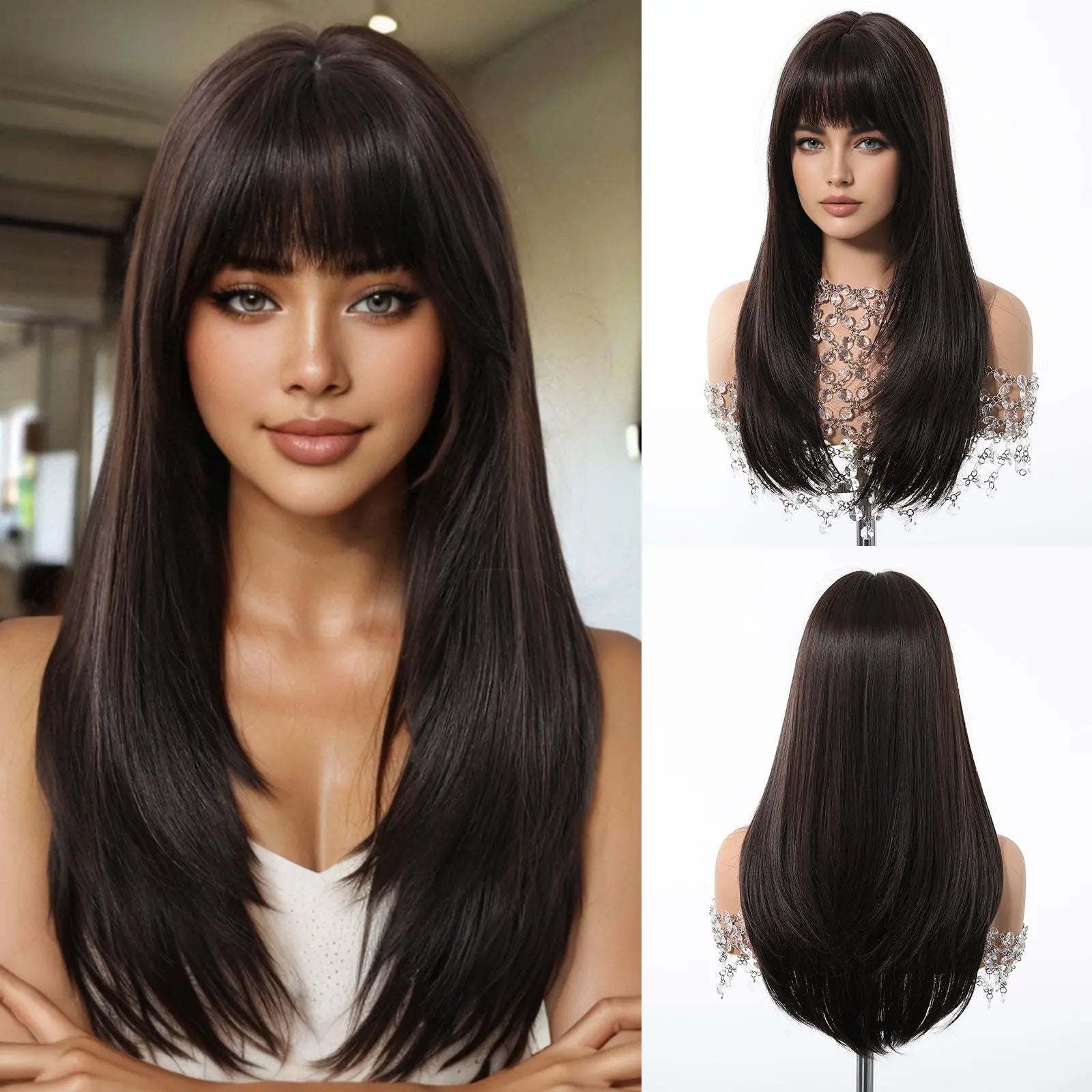 EASIHAIR Brown Straight Layered Wigs for Women Long Natural Hair Synthetic Wigs With Bangs Daily Use Party Heat Resistant Wigs