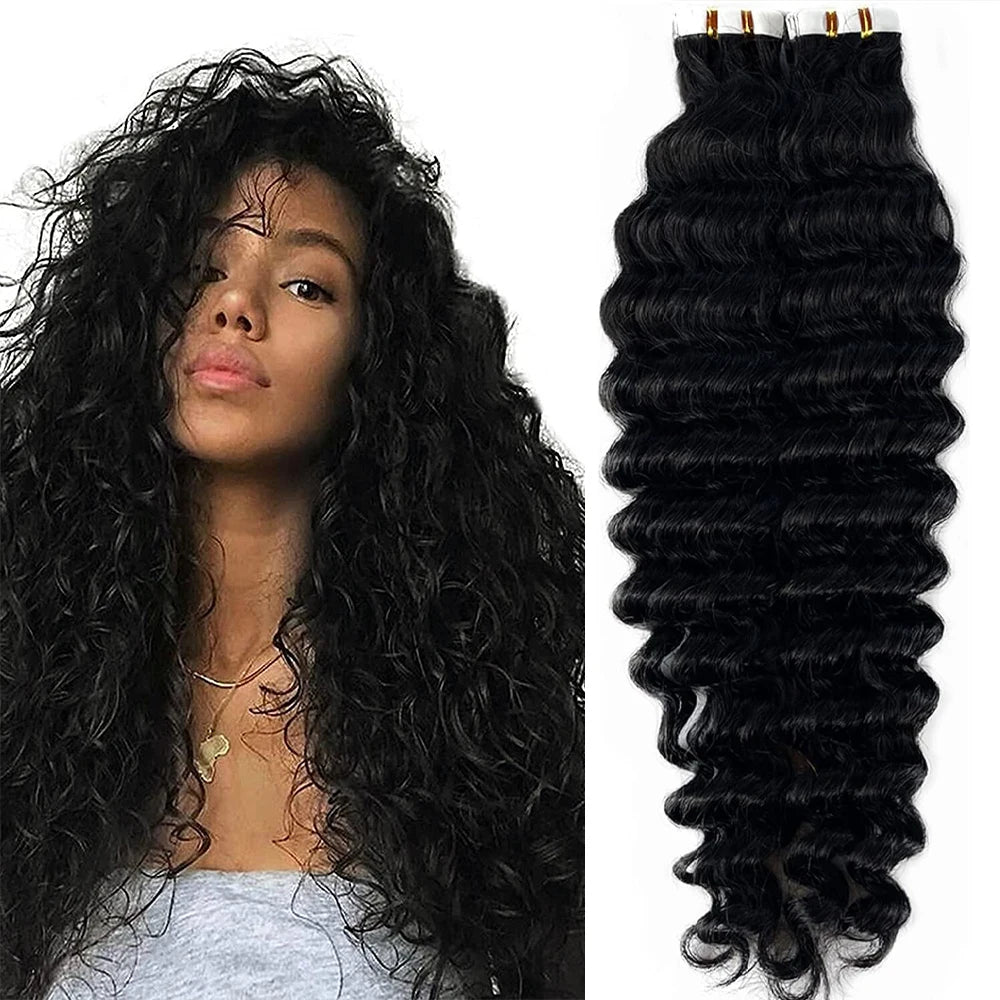 Curly Tape in Hair Extensions Deep Wave Tape in Hair Extensions 100% Human Hair Full Head Skin Adhesive Natural Black 24 26 Inch