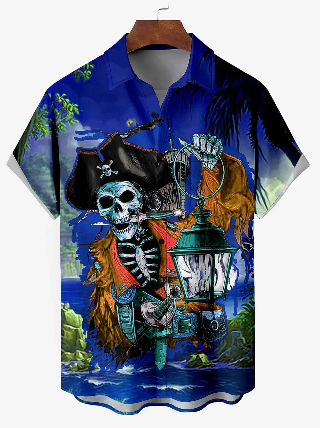 Men's Hawaiian Skeleton Pirate Captain Storm Sailing Cartoon Print Shirt Short Sleeve Shirt Summer Loose Beach Shirts For Boy