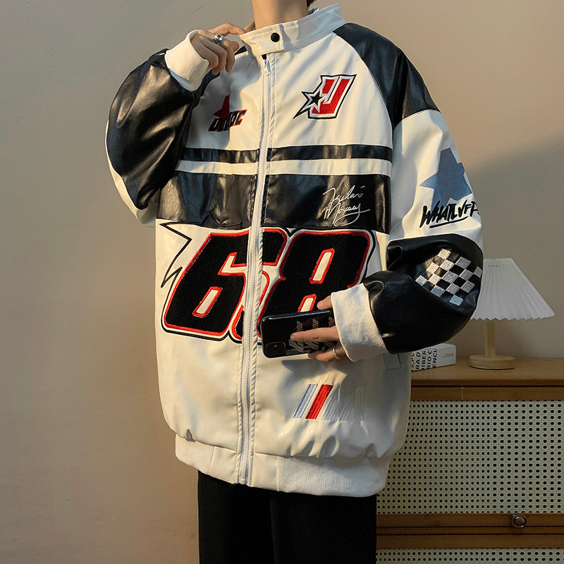 Gmiixder American Hip-hop Racing Coat Motorcycle Leather Jacket Men's Flocked Embroidery Loose Casual Windproof Punk Vibe Jacket