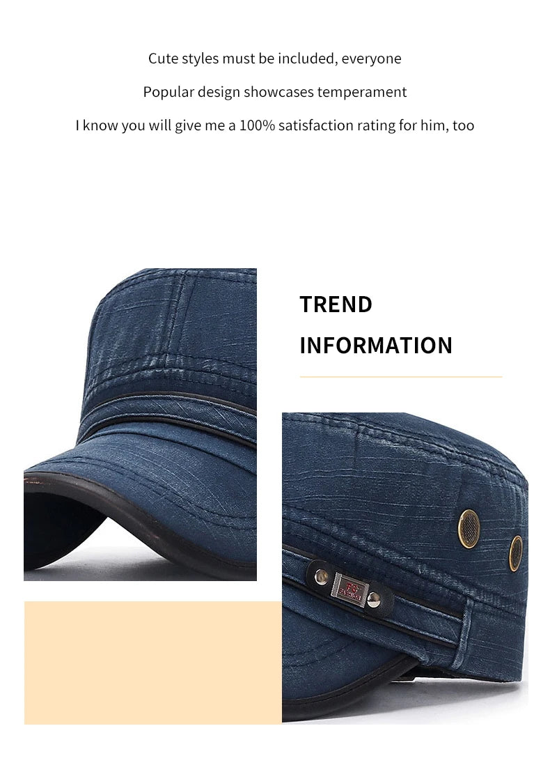 Unisex Baseball Cap Vintage Cadet Top Cap Washed Cotton Fashion Adjustable Flat Top Hat for Men Women