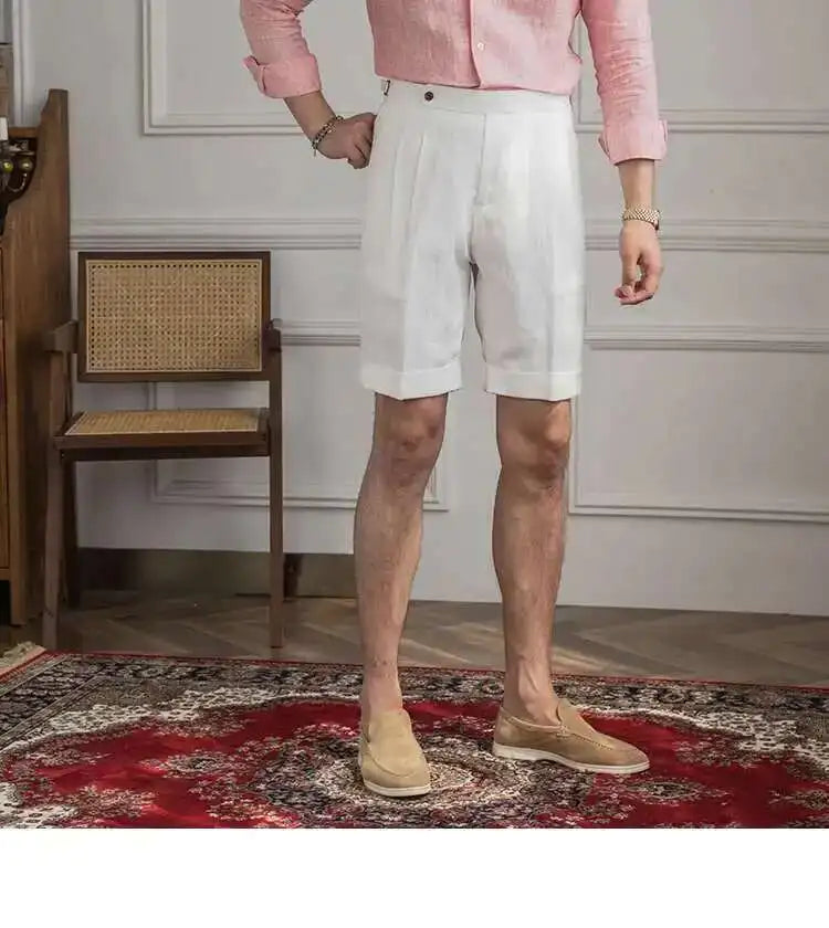 100% Linen Summer Straight Naples Shorts Men Solid Color Business Dress Pants Office Social Casual Slim Fit Shorts