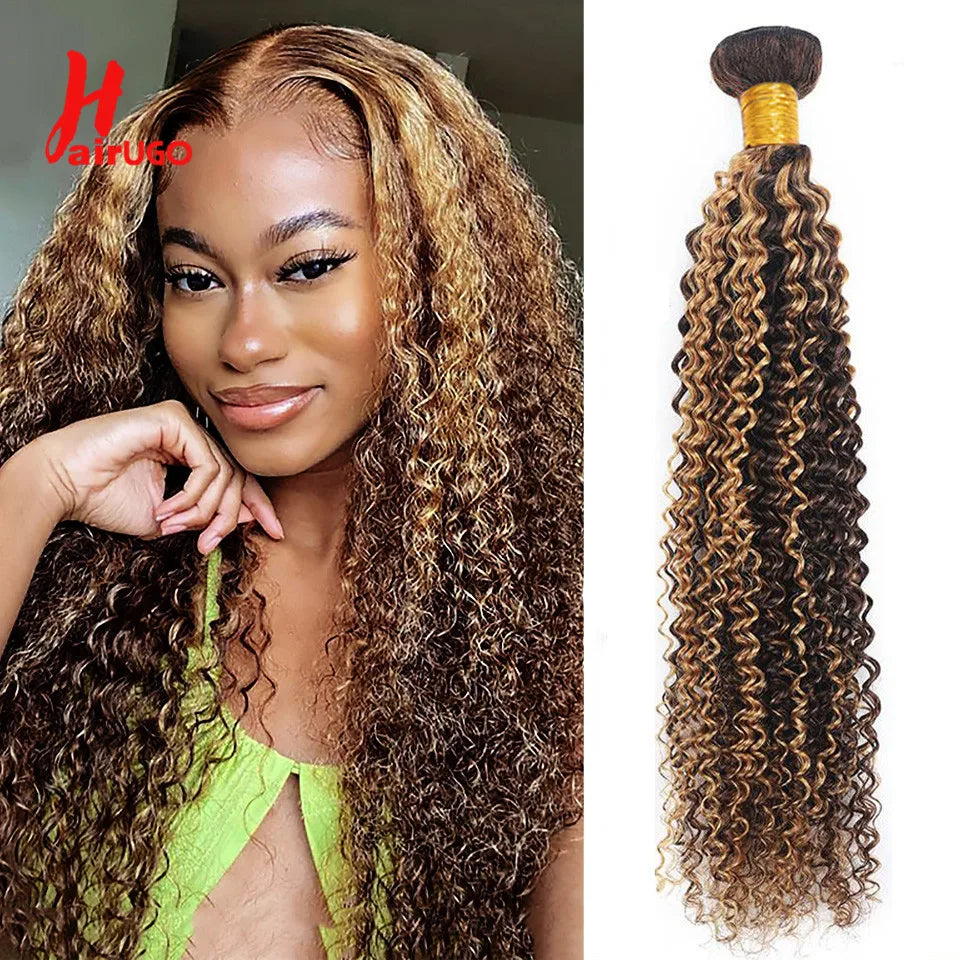 HairUGo Brazilian Kinky Curly Hair Bundles 27# Brown Remy 1/2/3 Kinky Curly Human Hair Weave Hair Extensions Blonde Hair Weaving
