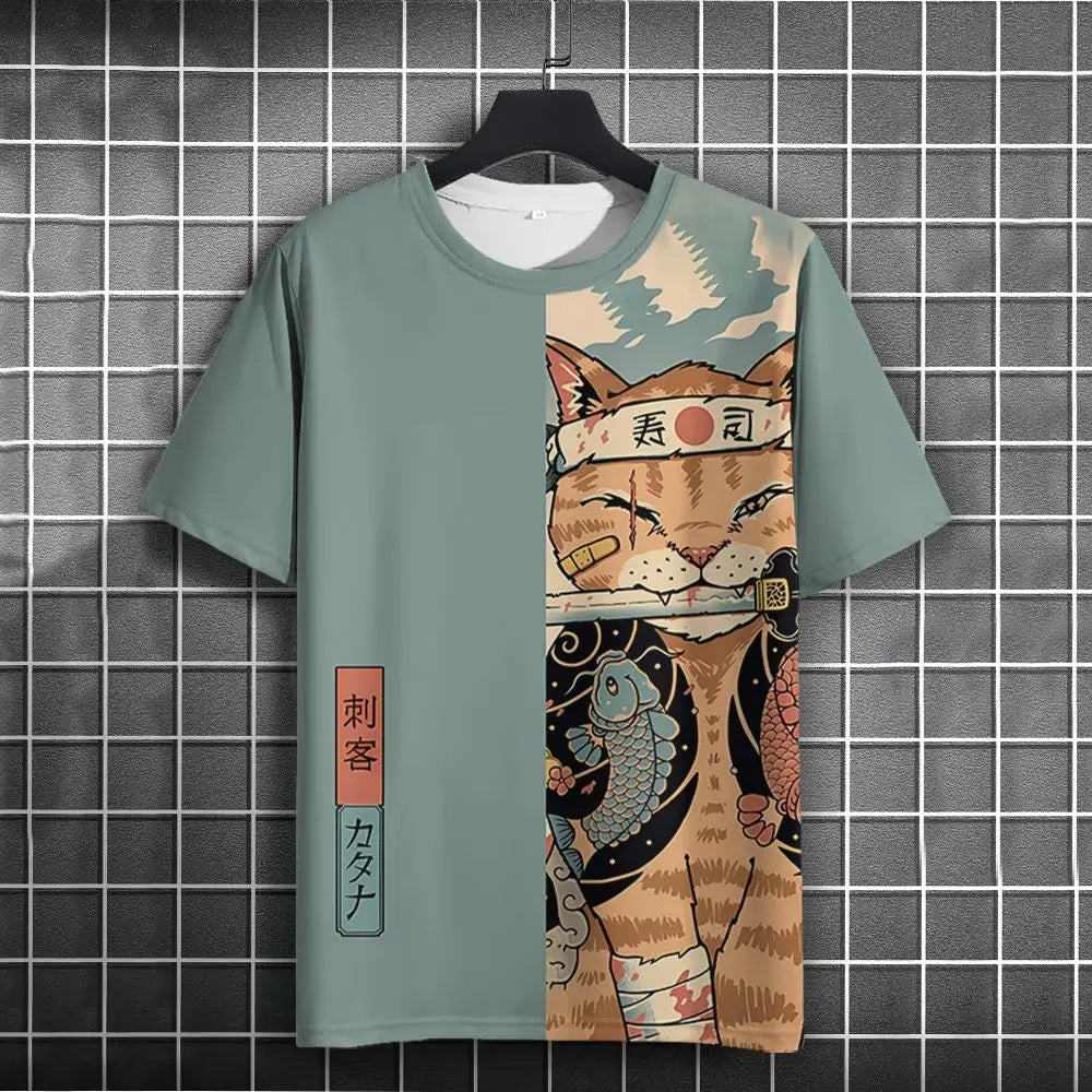 Unisex 2025 T Shirt Men Women Japanese Samurai Cat 3d Printed T Shirts For Casual Fashion Funny Shirt Top Tee Men Clothing